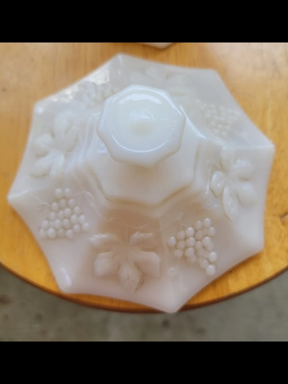 White Milk Glass Hexagonal Candy Dish with Grape Motif